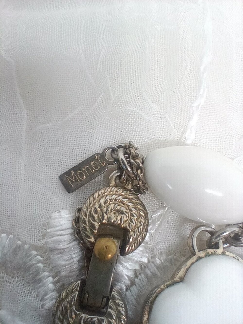 Vtg Monet Lot Bracelet Earring ~Gently loved Gold Half Sphere, White Lucky Charm - Picture 10 of 14